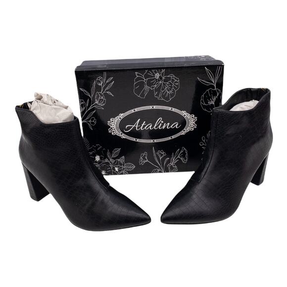Atalina Black Croc Embossed Pointed Toe Tall Block Heel Ankle Boots 9 Women's - Picture 5 of 9